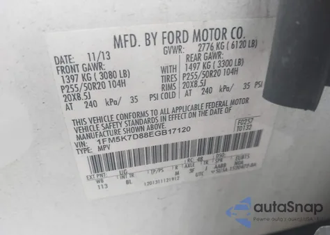 2014 Ford Explorer Xlt из США, поврежденный, VIN 1FM5K7D88EGB17120